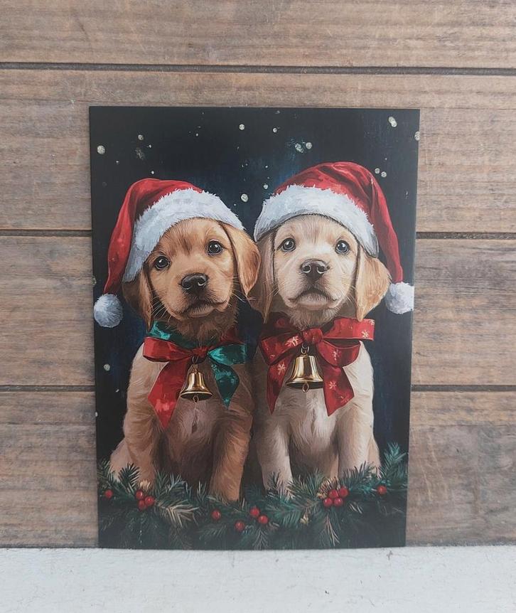Kerst-kaart 2 Labrador puppies kerstmuts & strik met bel, Verzamelen, Ansichtkaarten | Themakaarten, Ongelopen, 1980 tot heden