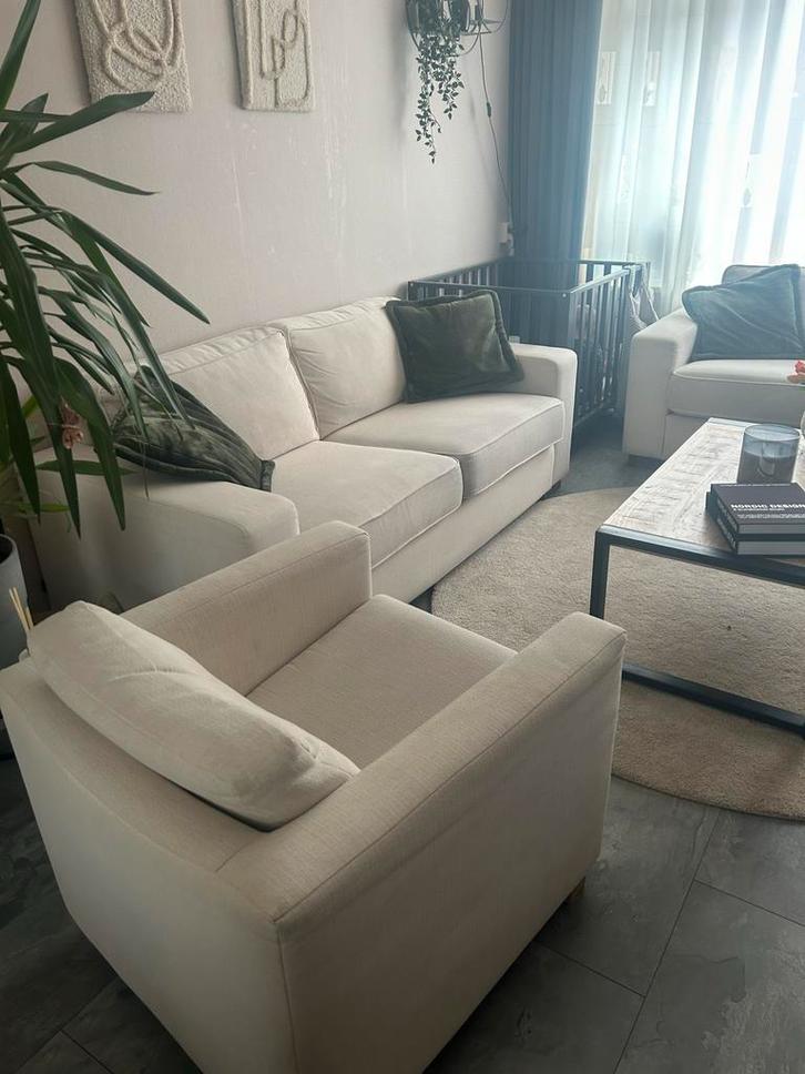 Cremekleurige bankstel: 2- en 3-zits + fauteuil, Huis en Inrichting, Banken | Bankstellen, Zo goed als nieuw, Rechte bank, Tweepersoons