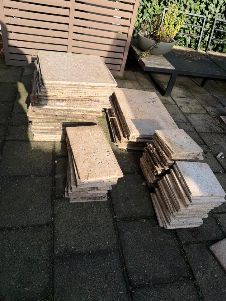 Gratis af te halen, travertin tegels, Tuin en Terras, Tegels en Klinkers, Gebruikt, Terrastegels, Natuursteen, Ophalen