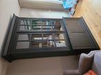 Servies kast zwart eiken met glazen deuren, Ophalen, 100 tot 150 cm, 25 tot 50 cm, Glas
