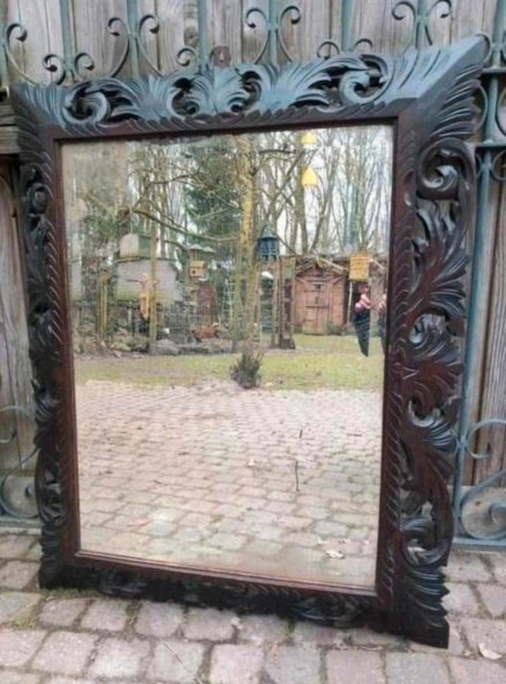 Franse Spiegel, 19e Eeuw. Houtsnijwerk eik 110 x 90, Huis en Inrichting, Woonaccessoires | Spiegels, Minder dan 100 cm, Rechthoekig