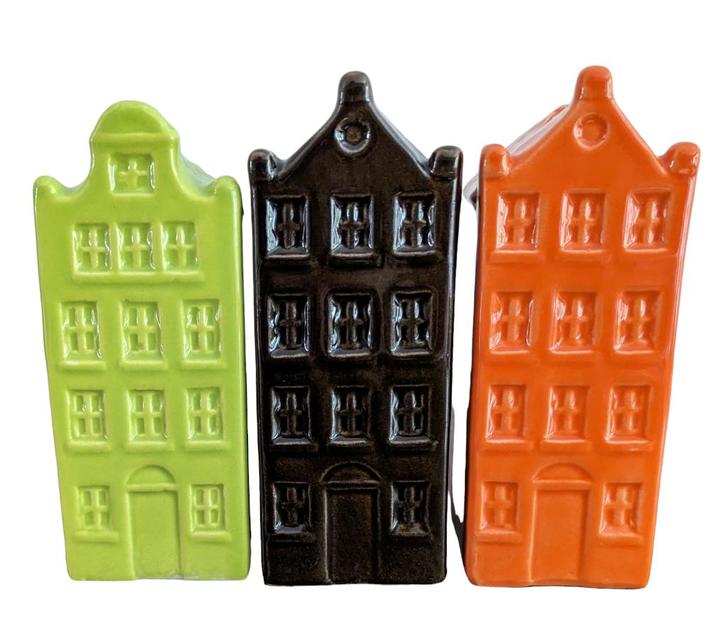 Nieuw, Set van 3 aardewerk grachtenpand vaasjes, Huis en Inrichting, Woonaccessoires | Vazen, Nieuw, Overige kleuren, Minder dan 50 cm