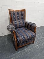 Vintage fauteuil in blauwe patroonstof met hout, Ophalen, Hout, Gebruikt, 75 tot 100 cm