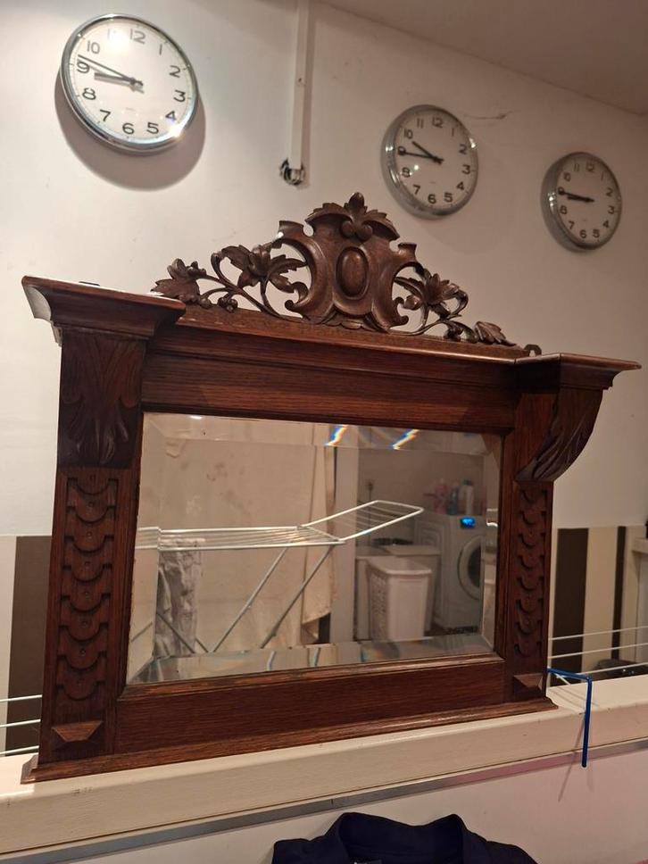 Antieke spiegel met vazet geslepen randen houtsnijwerk, Antiek en Kunst, Antiek | Spiegels, Minder dan 100 cm, Rechthoekig, Ophalen