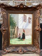 Klassiek Schilderij: Meisjes in Tuin , Ingelijst, Antiek en Kunst, Kunst | Schilderijen | Klassiek, Ophalen of Verzenden