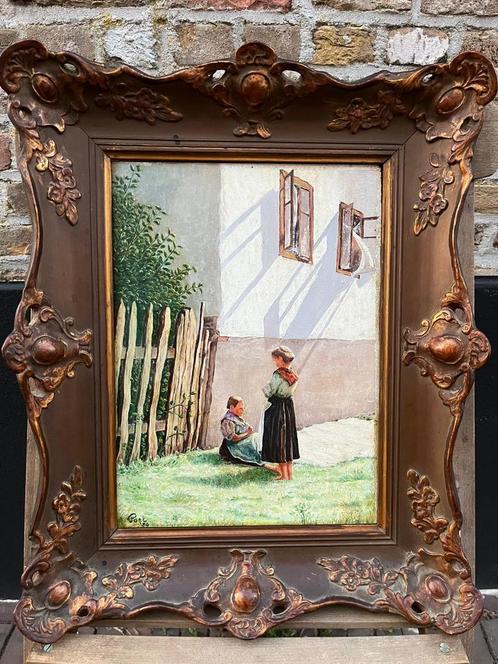 Klassiek Schilderij: Meisjes in Tuin , Ingelijst, Antiek en Kunst, Kunst | Schilderijen | Klassiek, Ophalen of Verzenden