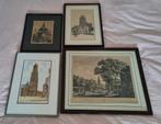 4 oude ingelijste prenten. Stadsgezichten, Antiek en Kunst, Ophalen of Verzenden