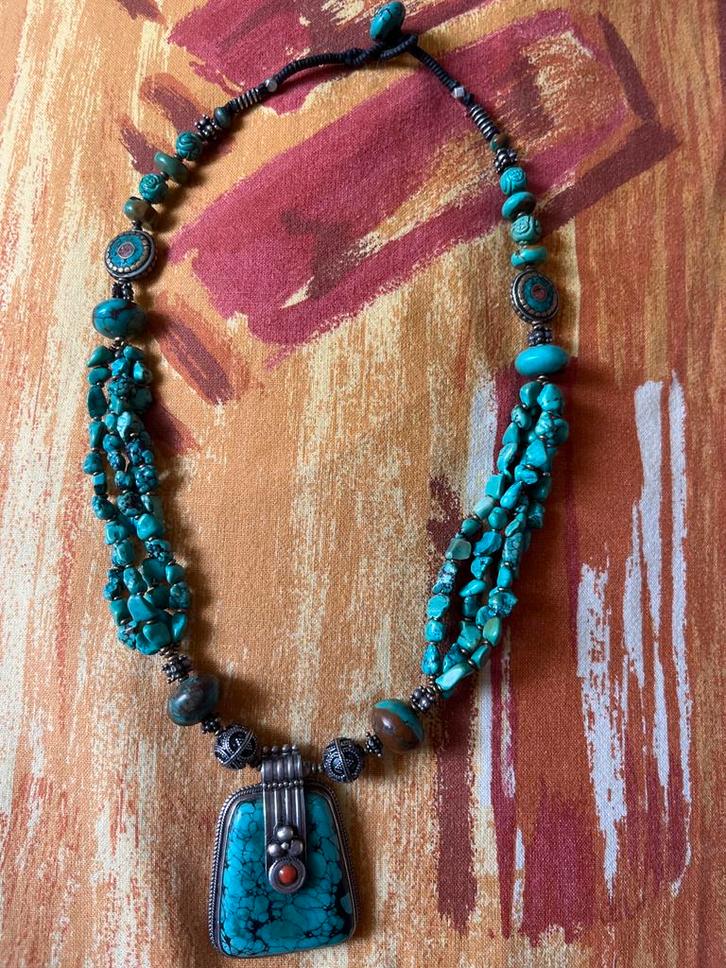 Vintage Turquoise Ketting met Hanger, Sieraden, Tassen en Uiterlijk, Kettingen, Zo goed als nieuw, Steen of Mineraal, Blauw, Met edelsteen