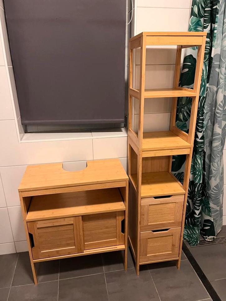 Bamboe stijl Wastafelmeubel & Badkamerkast Set, Huis en Inrichting, Badkamer | Badkamermeubels, Gebruikt, Wastafelkast, Minder dan 100 cm