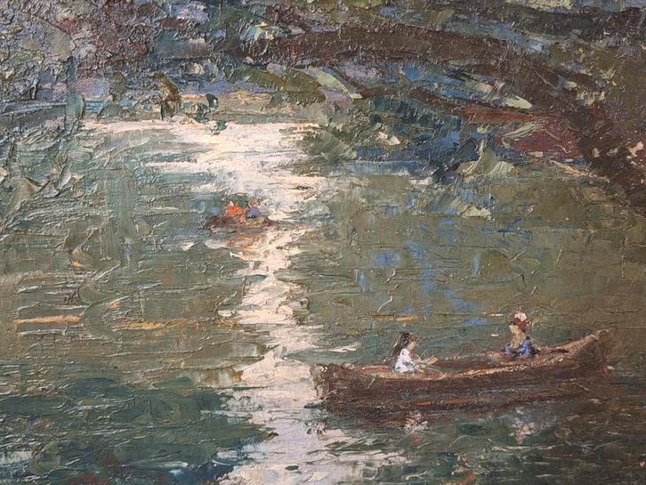 Olieverf Schilderij: Dames in Roeiboot, Antiek en Kunst, Kunst | Schilderijen | Klassiek, Ophalen of Verzenden