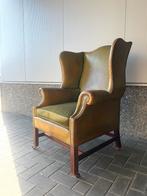 Antieke Wingback Fauteuil Groen gepatineerd leer, Gebruikt, Leer, Ophalen