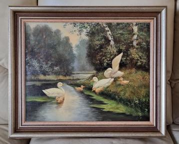 Eenden schilderij met kuiken aan de waterkant. beschikbaar voor biedingen