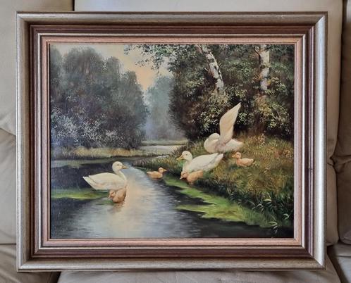 Eenden schilderij met kuiken aan de waterkant., Antiek en Kunst, Kunst | Schilderijen | Klassiek, Ophalen of Verzenden
