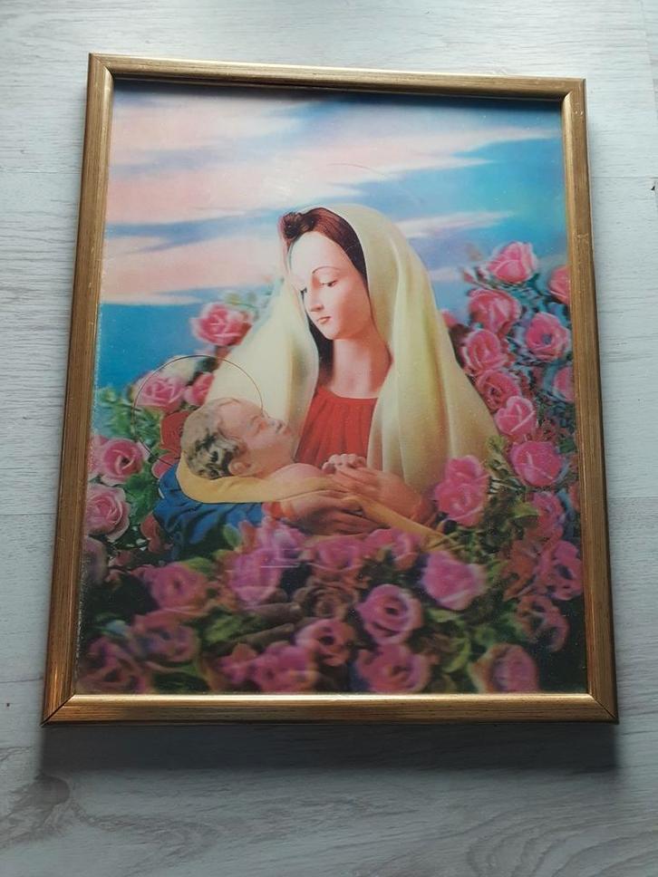 3D Hologram Maagd Maria met het kindje Jezus, en rozen!, Antiek en Kunst, Antiek | Religie, Ophalen of Verzenden