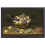 Perziken, pruimen en druiven in een rieten mand, met fruit e, Antiek en Kunst, Kunst | Schilderijen | Klassiek, Verzenden
