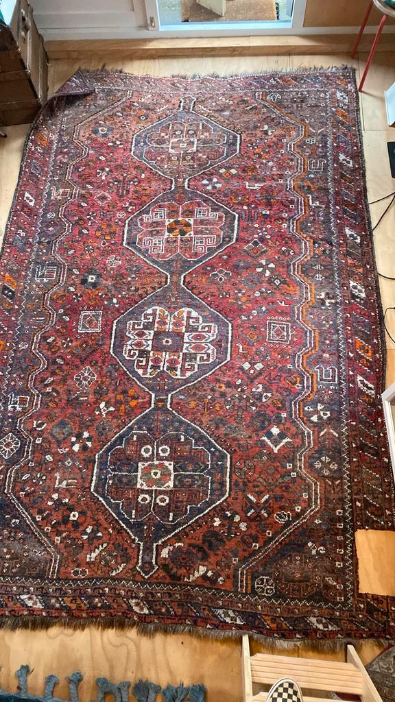 Vintage XL Tapijjt - Perzisch Shiraz- 100% wol - steenrood-l, Antiek en Kunst, Antiek | Kleden en Textiel, Ophalen