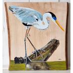 Schilderij blauwe reiger op hout voor huis of tuin, Tuin en Terras, Tuinwanddecoratie, Nieuw, Ophalen of Verzenden