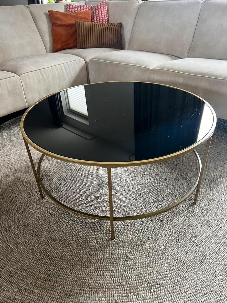 Belliani salon tafel zwart met goud glas en metaal rond, Huis en Inrichting, Tafels | Salontafels, Zo goed als nieuw, Minder dan 50 cm