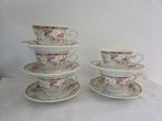D.E. Douwe Egberts: 5x theekop en schotel, bloemmotief, Ophalen of Verzenden