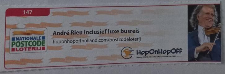 Postcodeloterij bon 147 Andre Rieu inclusief luxe busreis, Tickets en Kaartjes, Kortingen en Cadeaubonnen, Drie personen of meer