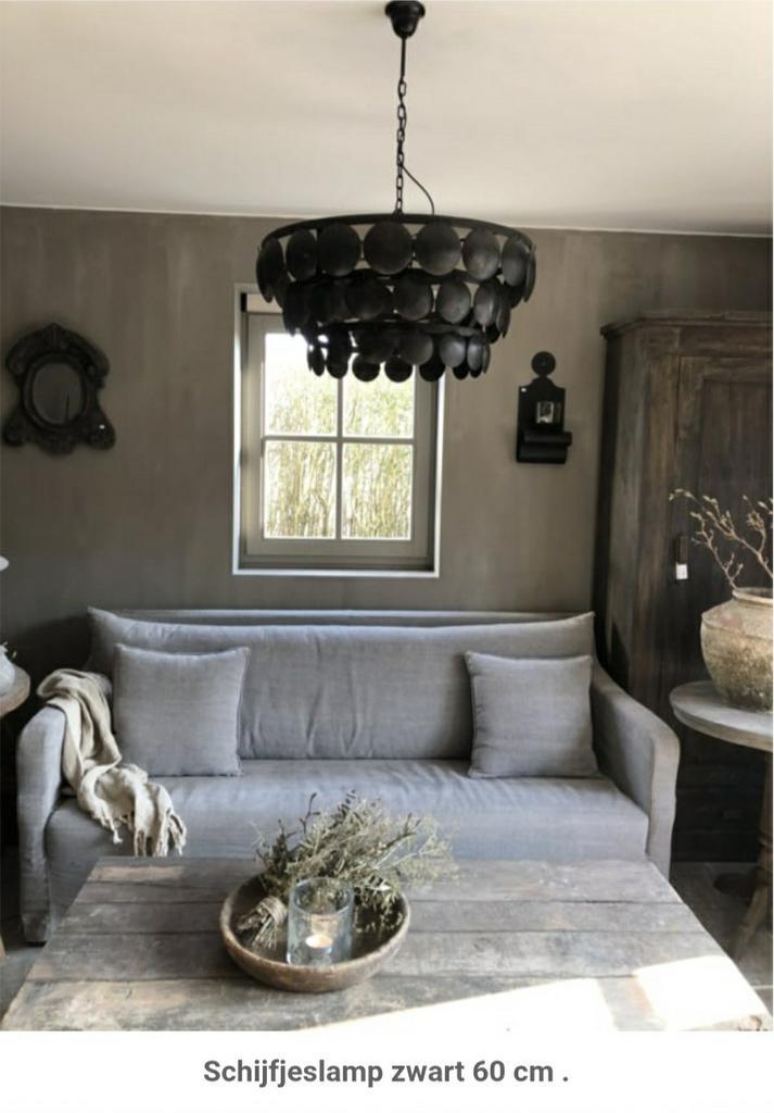 Zwarte metalen Schijfjeslamp - old Black maat L, Huis en Inrichting, Lampen | Hanglampen, Nieuw, Minder dan 50 cm, Ophalen of Verzenden