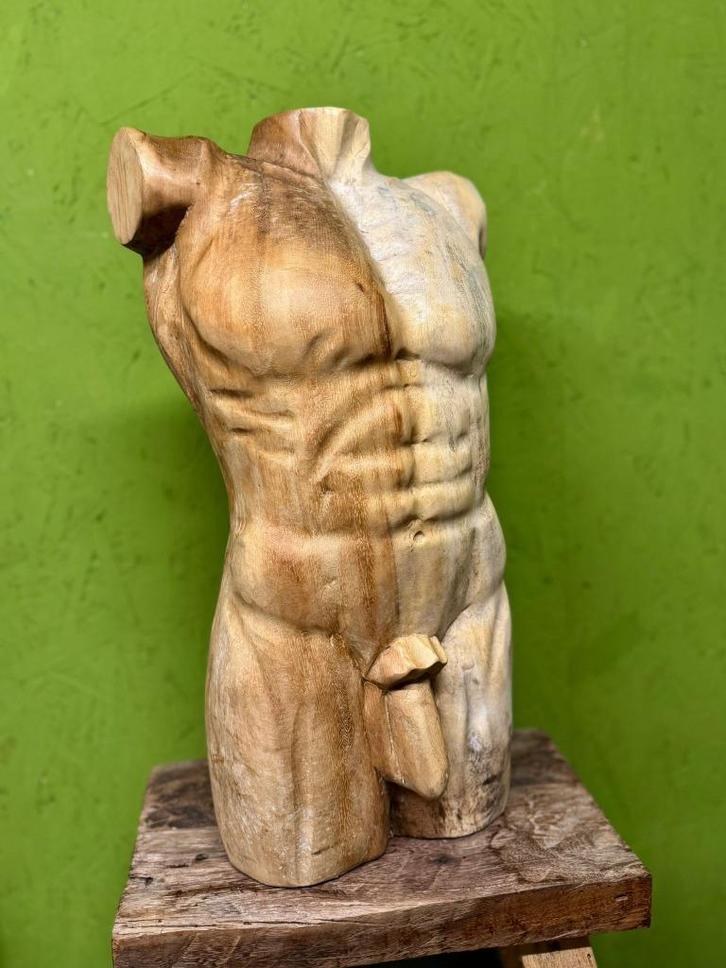 Torso man, handgemaakt van hout, Antiek en Kunst, Kunst | Beelden en Houtsnijwerken, Verzenden