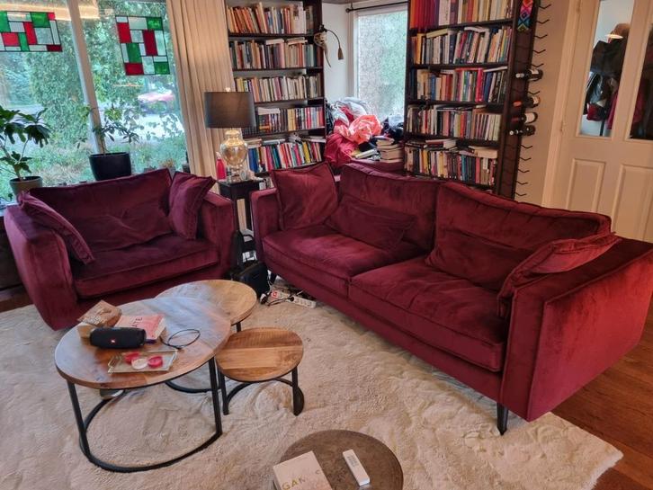 Bank set met loveseat wijnrood velours, zeer zacht+anti-vlek, Huis en Inrichting, Banken | Complete zithoeken, Zo goed als nieuw
