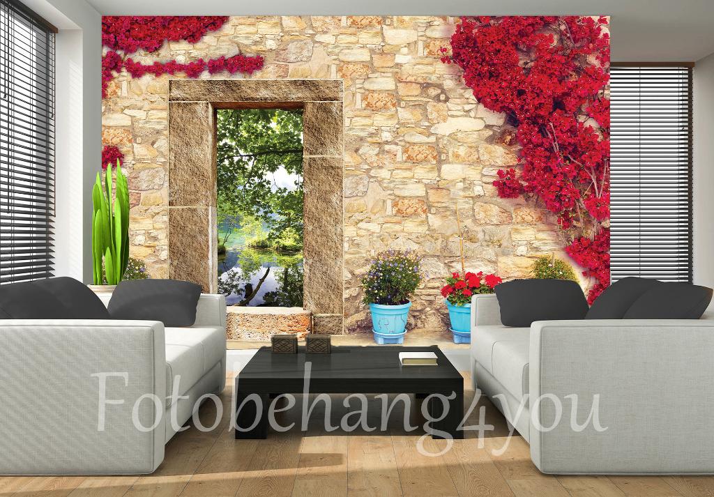 Bloemenmuur 3D fotobehang Bougainville, Bloemenwand 416x254, Verzenden, 10 tot 25 m², Bloemenmuur, Bougainville