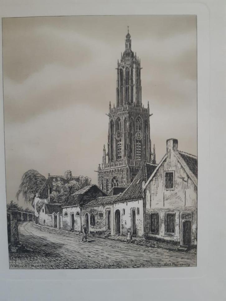 Ets van Eugène Rensburg van kerk/dorpsgezicht Rhenen:, Antiek en Kunst, Kunst | Etsen en Gravures, Ophalen of Verzenden