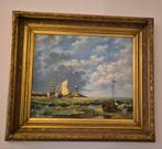 Oude Schilderij met Schepen en Zeegezicht. Formaat  74 x 85, Antiek en Kunst, Ophalen of Verzenden