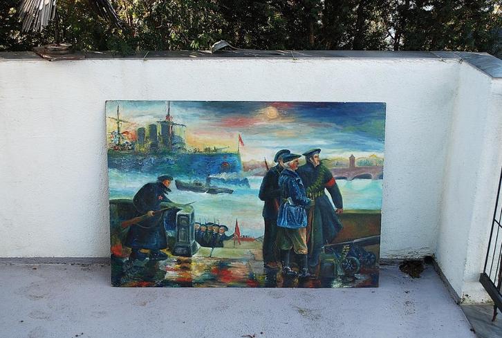 Propaganda Schilderij van J. Déak 1977, ​De Aurora 1917 CCCP, Antiek en Kunst, Curiosa en Brocante, Ophalen of Verzenden