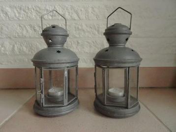 2 vintage brocante lantaarns met gegraveerd glas beschikbaar voor biedingen
