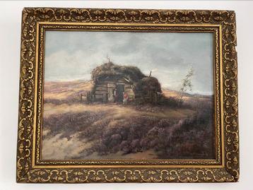 Oud schilderijtje van een hutje op de hei uit 1943