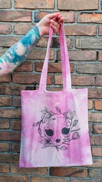 Handgemaakte katten schedel gothic roze tie dye tote bag beschikbaar voor biedingen