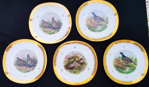 5 Limoges borden Raynaud & Cie Fazanten Houtsnippen 24K goud, Antiek en Kunst, Antiek | Porselein, Ophalen of Verzenden