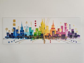 Groot acrylverf schilderij van een kleurrijke skyline 150 cm beschikbaar voor biedingen