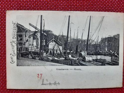 Hoorn, Grashaven + reclame cacao + chocola A. Driessen 1905?, Verzamelen, Ansichtkaarten | Nederland, Ongelopen, Noord-Holland