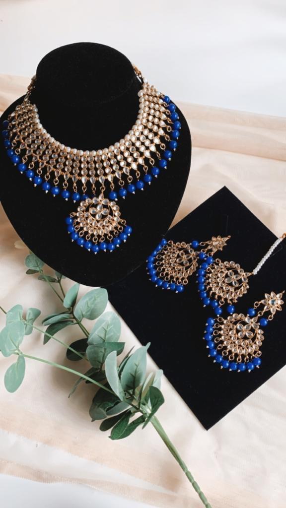 3-delig nieuw Indiase sieraden set - Blauw kundan, Sieraden, Tassen en Uiterlijk, Kettingen, Nieuw, Overige materialen, Blauw