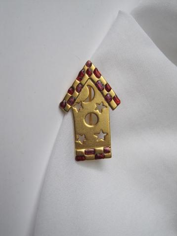  Broche Danecraft vogelhuisje/ roze rood emaille beschikbaar voor biedingen