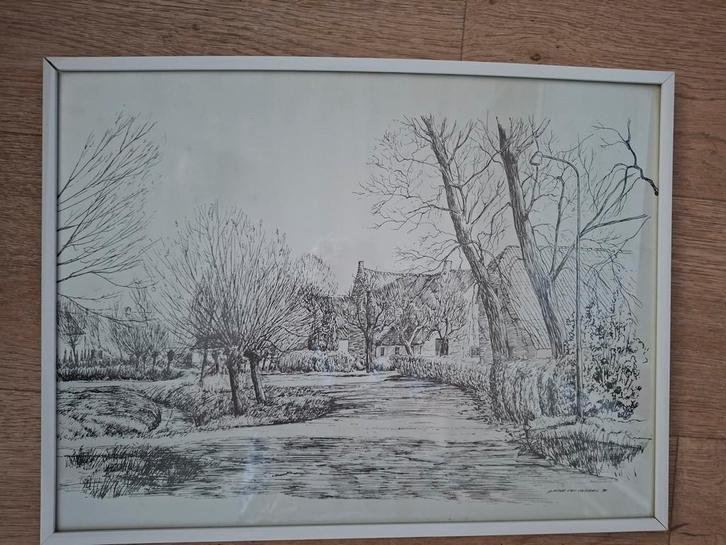 Pieter van Oostveen Krijttekening Landschap, Antiek en Kunst, Kunst | Tekeningen en Foto's, Ophalen of Verzenden