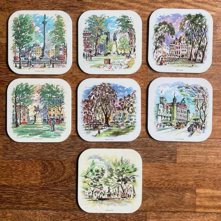 7x vintage jaren ’60 onderzetters bezienswaardigheden Londen, Antiek en Kunst, Curiosa en Brocante, Ophalen of Verzenden