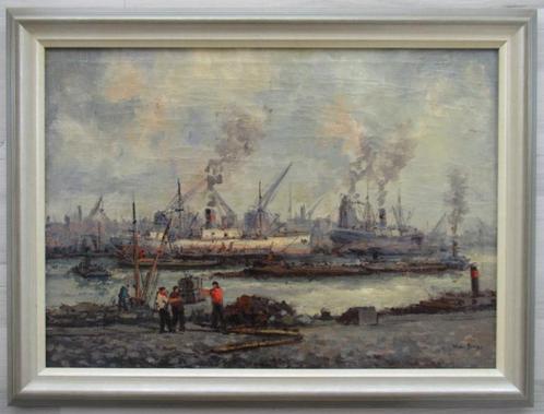 Wim Bos - Havengezicht met arbeiders op de kade, Antiek en Kunst, Kunst | Schilderijen | Klassiek, Ophalen of Verzenden