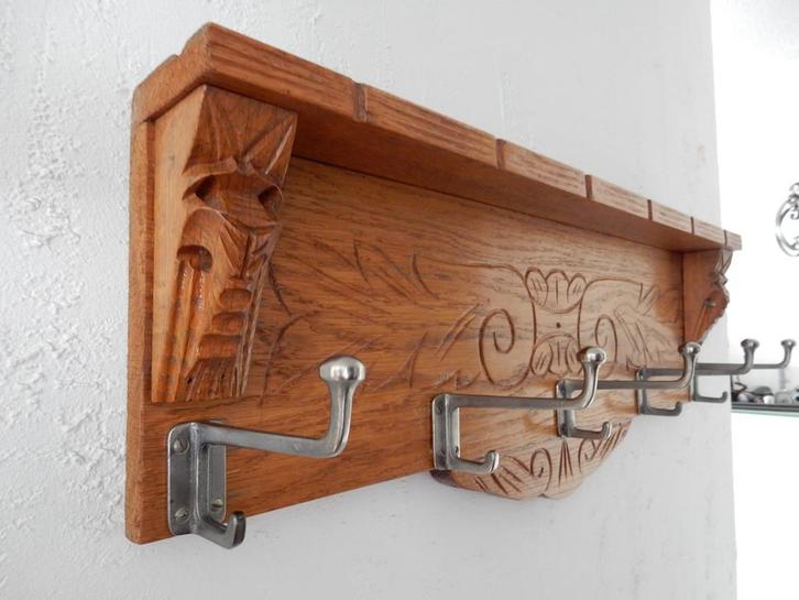 vintage Wandkapstok kapstok eiken +houtsnijwerk +schoolhaken, Antiek en Kunst, Antiek | Woonaccessoires, Ophalen of Verzenden