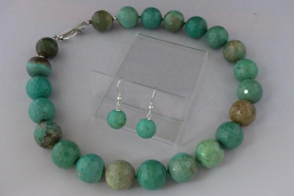 GROEN GRASS AGAAT (18 mm) ketting/oorhanger-set, Sieraden, Tassen en Uiterlijk, Antieke sieraden, Ketting, Zilver, Met edelsteen