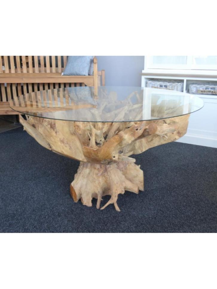 Teak Worteltafel met glasplaat 130cm rond, Huis en Inrichting, Tafels | Eettafels, Nieuw, 100 tot 150 cm, 100 tot 150 cm, Vier personen