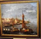 Jan van den Hurk, Havengezicht met boten olieverf op linnen., Antiek en Kunst, Ophalen