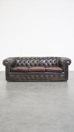 Oude donkerbruine 3 zits rundleren chesterfield bank, Ophalen, Gebruikt, Driepersoons, Klassiek, Vintage