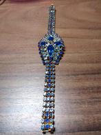 Antiek nieuw goudkleurig strass armband Diana Blauw 18 cm, Blauw, Ophalen of Verzenden, Zo goed als nieuw