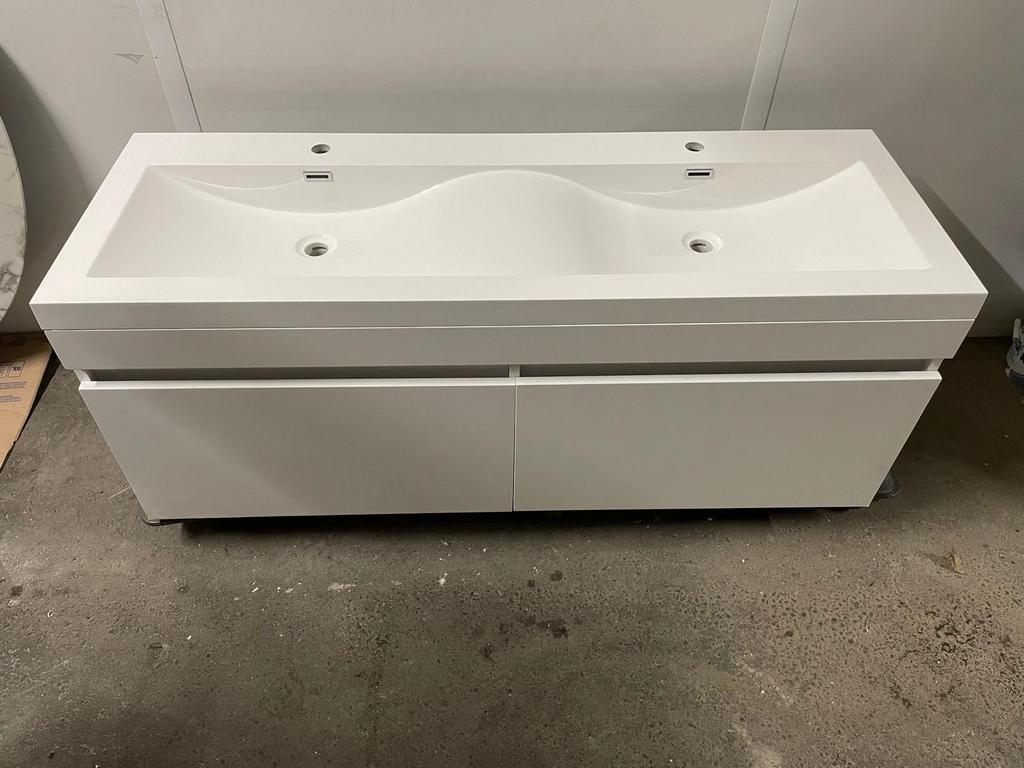 Moderne dubbele wastafel met lades - Wit, Doe-het-zelf en Verbouw, Ophalen of Verzenden, Nieuw, Wastafel