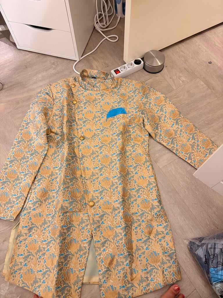Indiaase Kurta/Sherwani - Goud/Blauw - Maat 42/L, Kleding | Heren, Broeken en Pantalons, Zo goed als nieuw, Maat 52/54 (L), Blauw